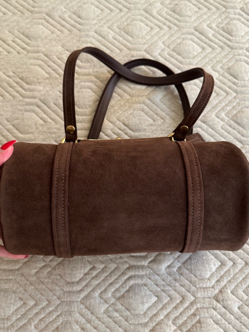 Coach Kisslock Barrel Bag 28 in Dark Chocolate Brown Suede with Brass Hardware - Picture 6 of 13